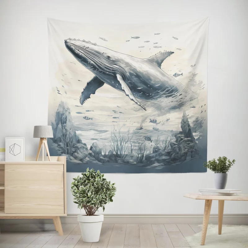 Whale in the Sea Illustration Wall Tapestry