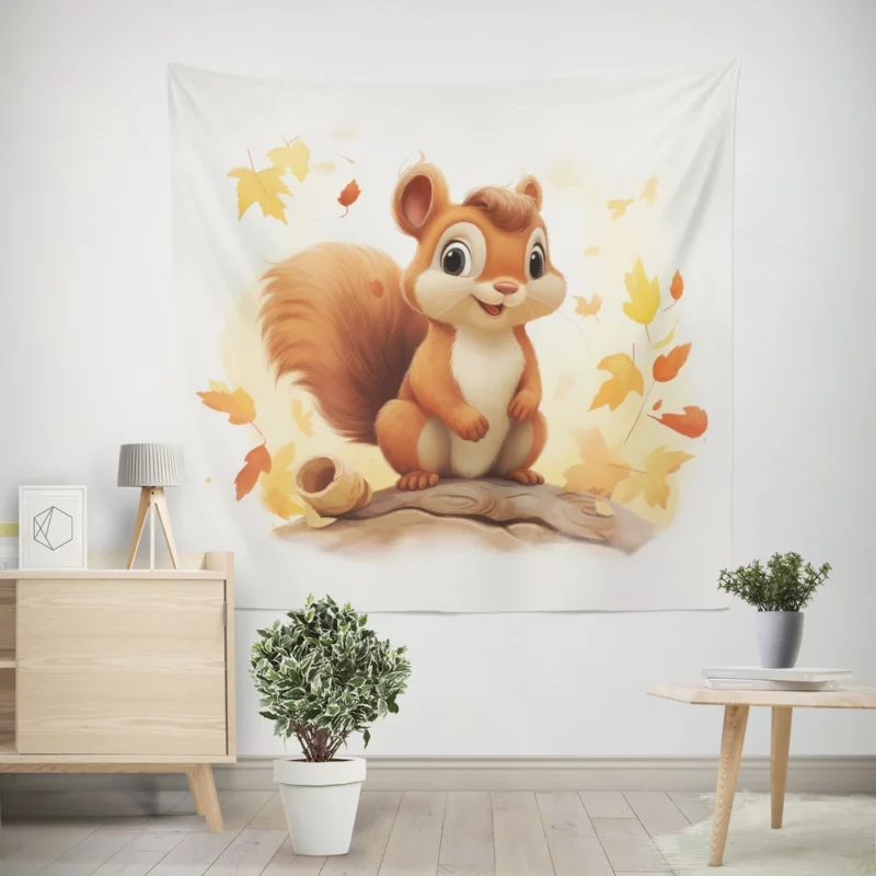 Whimsical Squirrel in Playful Children Illustration Wall Tapestry