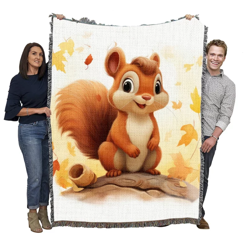 Whimsical Squirrel in Playful Children Illustration Woven Blanket