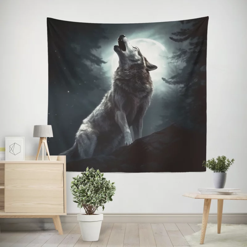 Wolf Howling at Full Moon Wall Tapestry