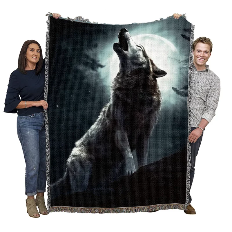 Wolf Howling at Full Moon Woven Blanket