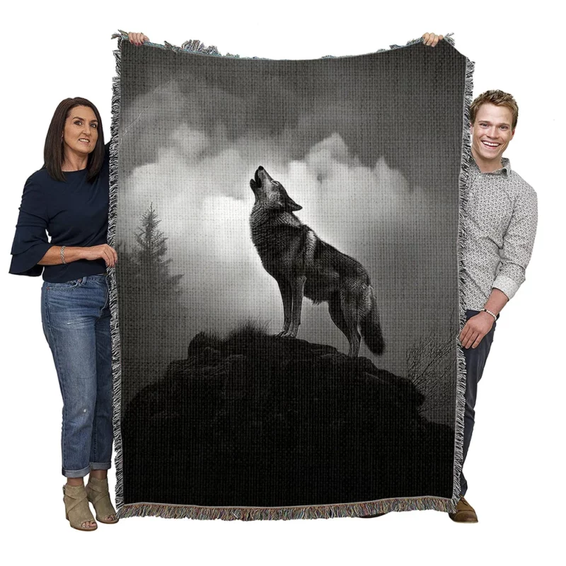 Wolf Howling at Night Woven Blanket
