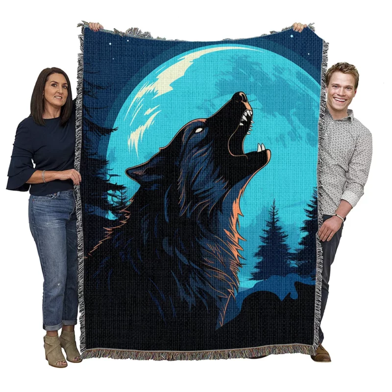 Wolf Howling at the Full Moon Woven Blanket