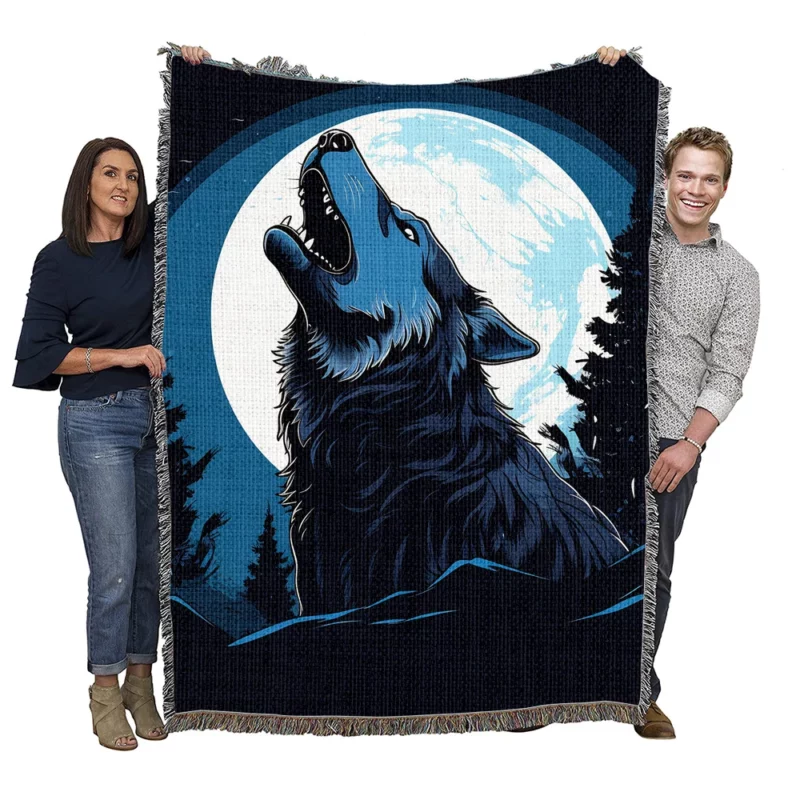 Wolf Howling at the Moon Woven Blanket