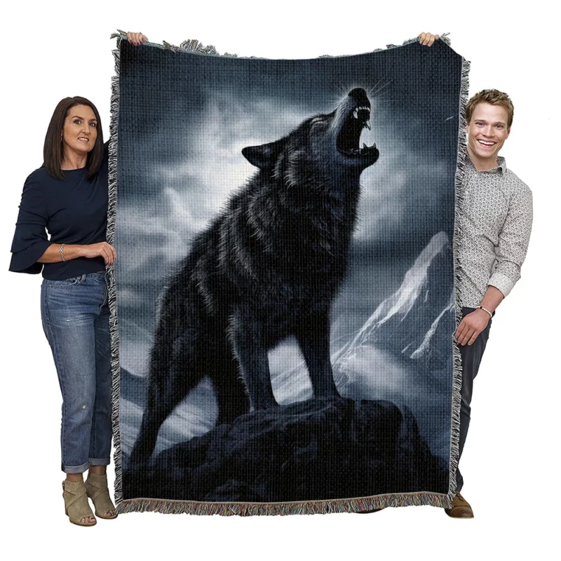 Wolf Howling in Night Woven Blanket