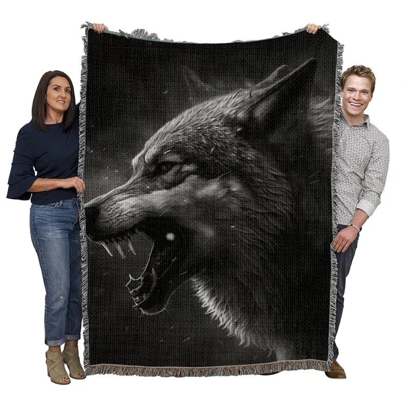 Wolf Portrait With Label Woven Blanket