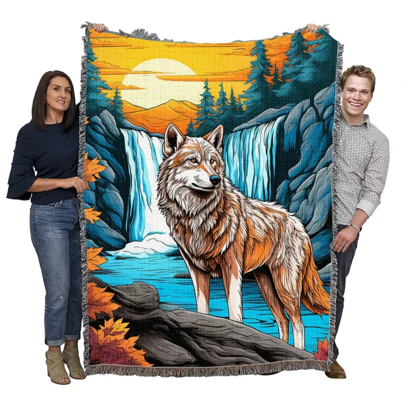 Wolf by the Waterfall in Enchanting Woods Woven Blanket