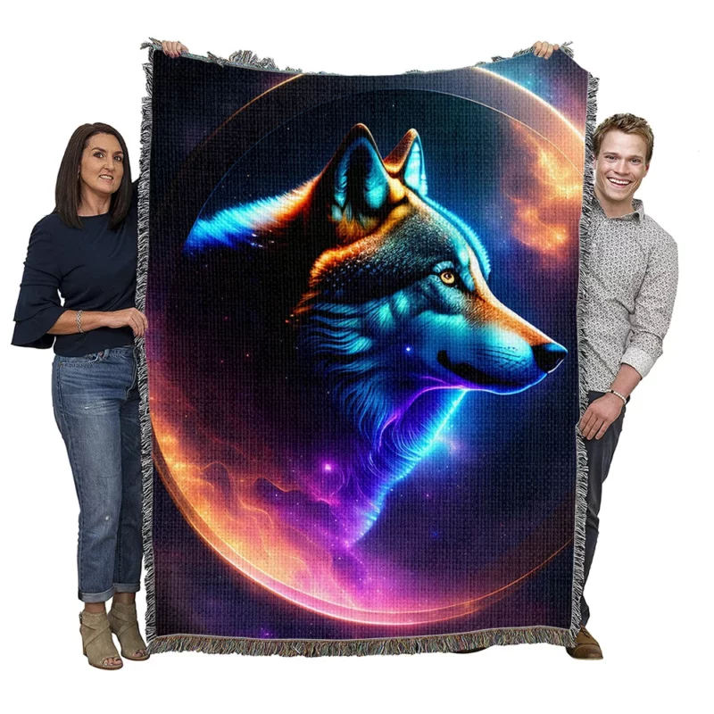 Wolf in Enigmatic Blue-Purple Hues Woven Blanket