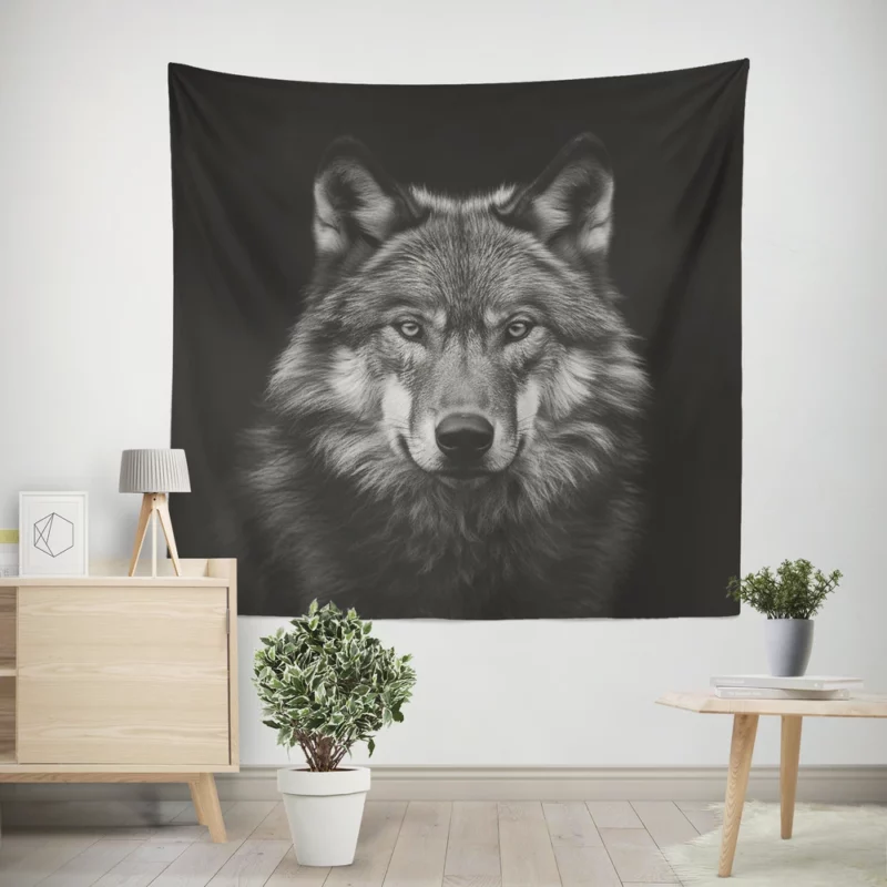 Wolf on Black Background Wall Tapestry