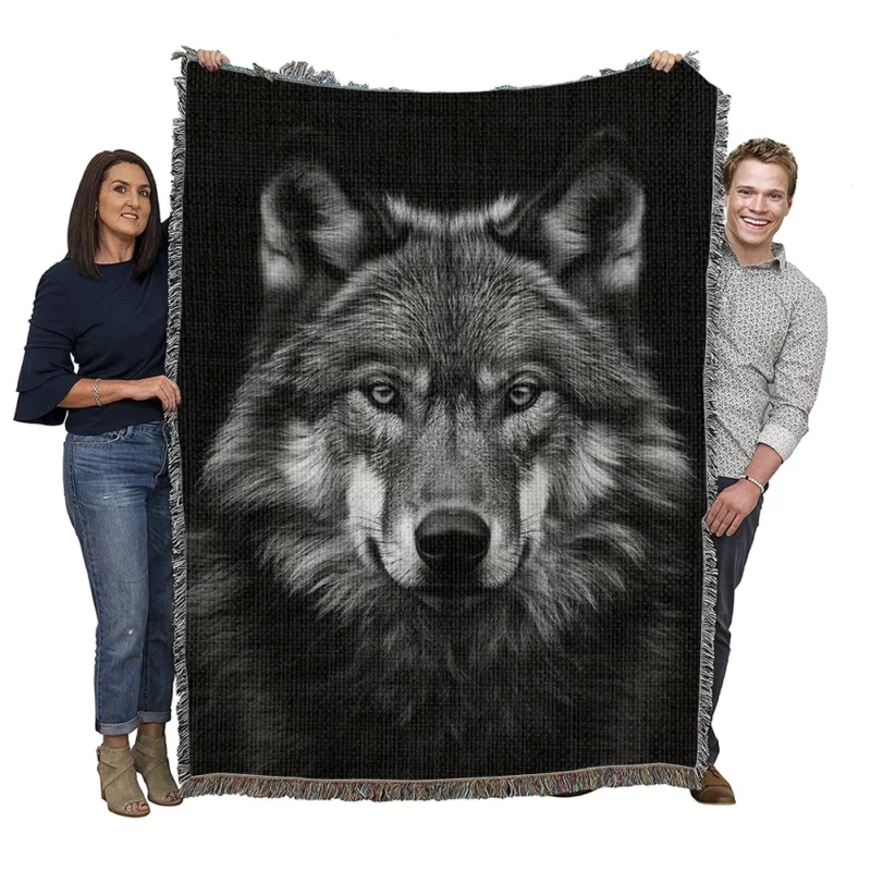 Wolf on Black Background Woven Blanket