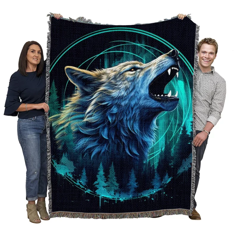 Wolf with Blue Background Woven Blanket