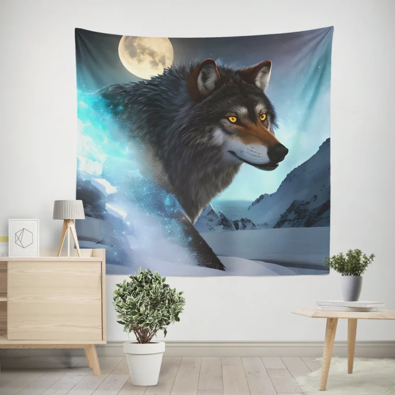 Wolf with Blue Eyes and Full Moon Wall Tapestry