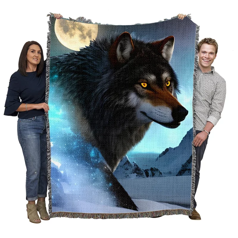 Wolf with Blue Eyes and Full Moon Woven Blanket