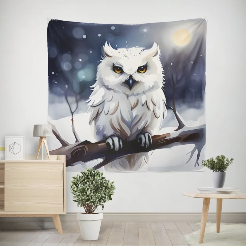 Yellow Eyed Owl on Branch Wall Tapestry