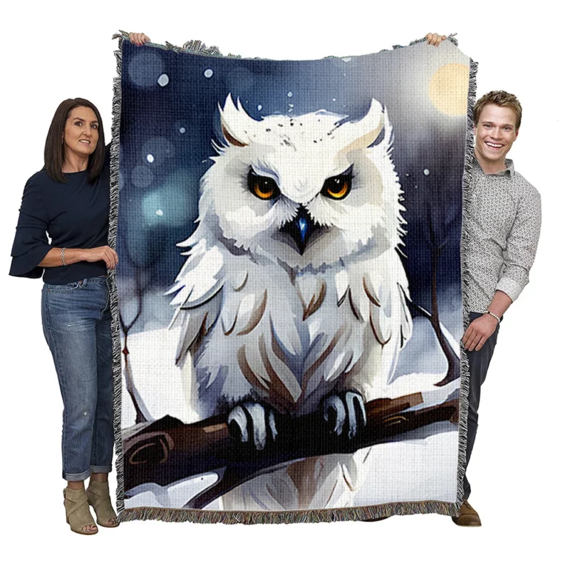 Yellow Eyed Owl on Branch Woven Blanket