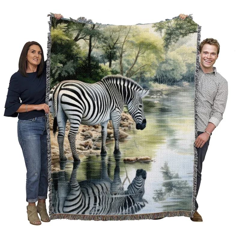 Zebra Drinking Water Peacefully Woven Blanket