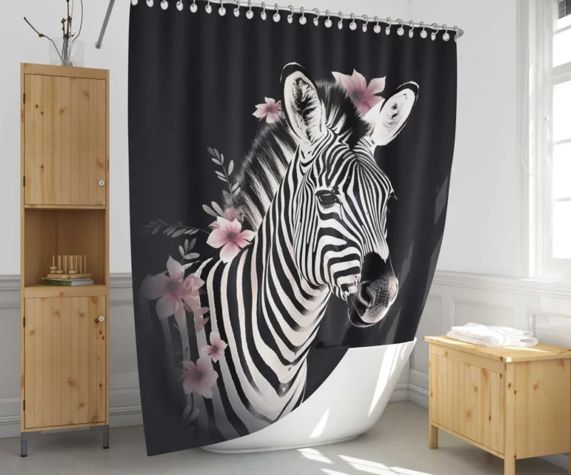 Zebra Headshot With Flowers Shower Curtain 1