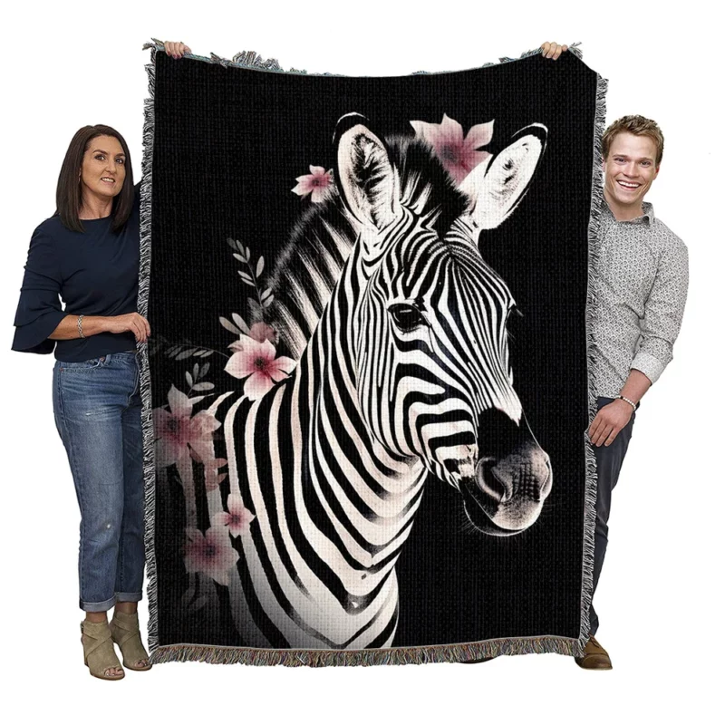 Zebra Headshot With Flowers Woven Blanket