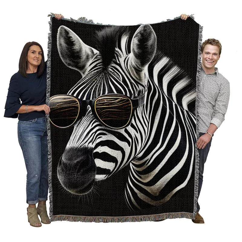 Zebra Portrait With Glasses Woven Blanket