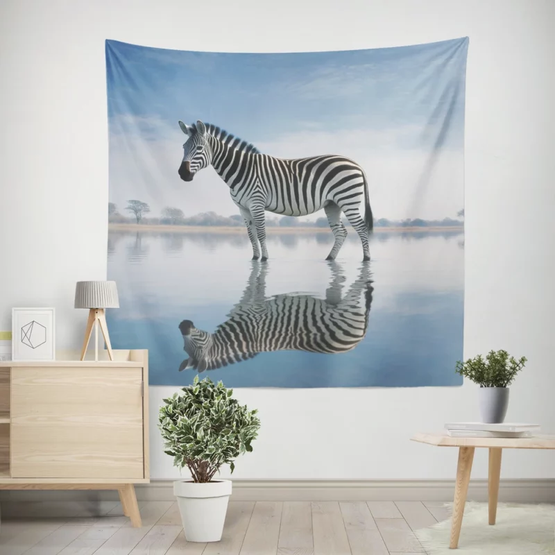 Zebra Reflection in Water Wall Tapestry